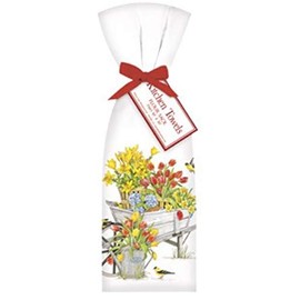 Mary Lake-Thompson T293 2 Tulip Wheelbarrow Ribbon Tied Flour Sack Towels, 30 Inches Square, Screened Design 4.5 Inches x 7.75 Inches Lower Center