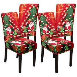 XHKUKO Christmas Chair Covers Set of 4, Dining Chair Slipcovers Removable Seat Covers Seat Protector Cover for Dining Room Hotel Banquet Restaurant Christmas Decoration Holiday Party (Santa+Girl)