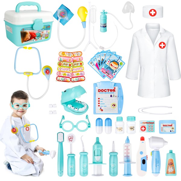 deAO Kids Role Play Dentist, Surgeon & Vet Medical 30 Piece Kit with Light and Sound Including Electronic Stethoscope, Lab Coat Cap & Play Medical Equipment (Blue)