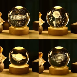 4 Pack 3D Galaxy Crystal Ball with Warm Light – 3.14" Laser Engraved Solar System, Saturn, Astronaut Moon, Galaxy, Planet Globe on Wood Base, Inner Carved Glass Sphere Night Light for Desk Home Decor