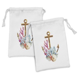 Ambesonne Anchor Fabric Pouch Set of 2, Corals Seaweed Nature Deep Sea Underwater Life Diving Enjoyment Marine Print, Small Drawstring Bag for Toiletries Masks and Favors, 9" x 6", Caramel Multicolor