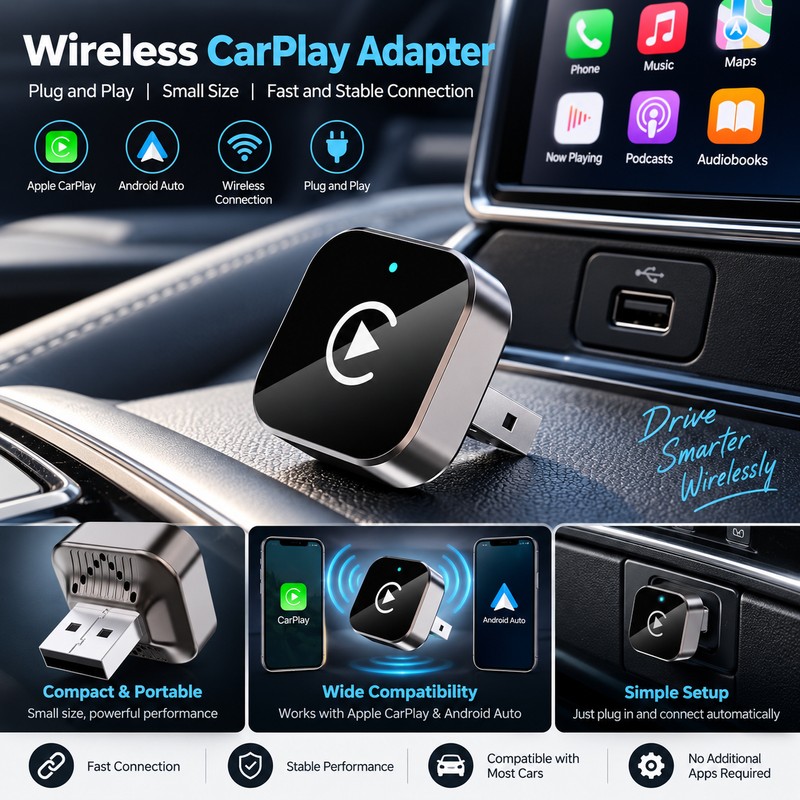 Wireless CarPlay Adapter for iPhone & Android – 23mm Plug-and-Play