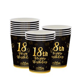 18th Birthday Paper Cups Black Gold ,16Pcs Birthday Tableware Party Cups Disposable,Happy 18th Birthday Table Decorations Cup Birthday Gifts for Girls,Boys,Him,Her 18th Birthday Party Decor Supplies
