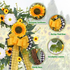 WHGJ Summer Wreath for Front Door, 20 Inch Artificial Wreaths with Yellow/White Sunflower and Burlap Plaid Bow, Spring Summer Décor for Wall Window Home Decorations Farmhouse Outdoor Indoor