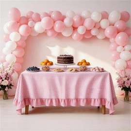 Simihiran Pink Gingham Ruffle Tablecloth 60 x 120 Inch Rectangular Checkered Plaid Table Cloth for Seat 8-10 Birthday Baby Shower Party Picnic Outdoor Kitchen
