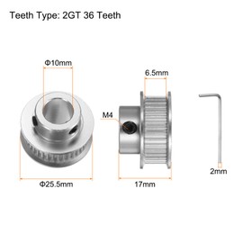 sourcing map 2pcs 2GT Timing Pulley 36 Teeth 10mm Bore 25.5mm Dia. Aluminum Timing Belt Pulley with Hex Wrench for 6mm Width Belt 3D Printer CNC Machine Accessories, Silver Tone