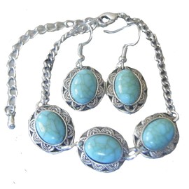 ViciBeads Southwestern Set of Plus Size Bracelet7-10+ Earrings+Two Faux Turquoise and Silver Colored Rings + GIFT BAG
