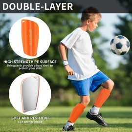 R2Depot Soccer Shin Guards, Shin Pads with Shin Guard Sleeves Set for Youth Adult, EVA Cushion Protection, Breathable Calf Protective Gear (Medium, Orange)