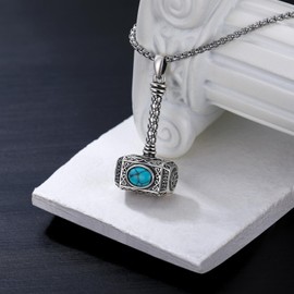 SIMONLY Thors Hammer Necklace 925 Sterling Silver Mjolnir Turquoise Necklace Urn Pendant for Ashes Viking Cremation Jewelry for Men Women