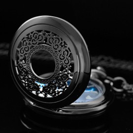 Tiong Black Unique Hollow Blue Dial Design Pocket Watch Quartz Roman Numerals Pocket Watches with Chain for Men Women