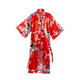 Asian Home Flower Peacock Satin Silk Kimono Robe, Dressing Gown, Bridal, Gift (Red)