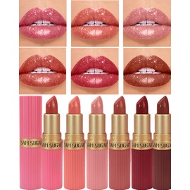 Pcs Sparkling Glitter Lipstick,Long Lasting Shimmer Metallic Lipstick for Women Glitter Nude Pink Brown Dark Rose Red Color Waterproof Lip Gloss,Diamond Shiny Non-Stick Lipgloss labiales Makeup Gift
