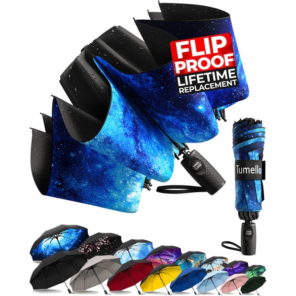 TUMELLA Flip-proof Inverted Travel Umbrella, Small Strong but Light Portable