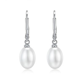 MINDDHA 14K White Gold Plated Sterling Silver Hoop, AAA+ Quality Simulated Shell Pearl Leverback Dangle Stud Pearl Earrings | Silver Earings For Women | Oval Earrings