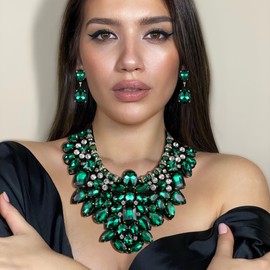 Ever Faith Costume Jewelry for Women, Green Rhinestone Crystal Chunky Collar Statement Necklace Earrings Set