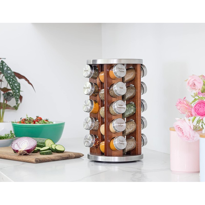 Orii 20 Jar Rotating Dark Acacia Wood Spice Rack with