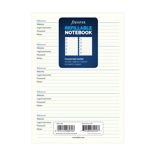Filofax A5 Refillable Notebook Refill - Password Paper, White