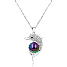 Platinum Plated Cubic Zirconia Pave Dolphin Playing Multicolor Pearl Ball Pendant Necklace Y1076 (Silver-Multicolor)