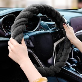 Twisted Plush Steering Wheel Cover Soft Furry Winter Protection, Anti-Slip Grip, Universal Fit for 14.5-15 Inch Cars and SUVs - Cozy and Warm Driving Accessory