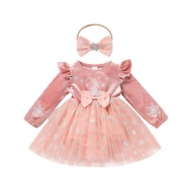 FYMNSI Baby Girl 1st Birthday Outfit Toddler Winter Velvet Dress Snowflake Christmas Party Dresses Party Dress With Headband, pink