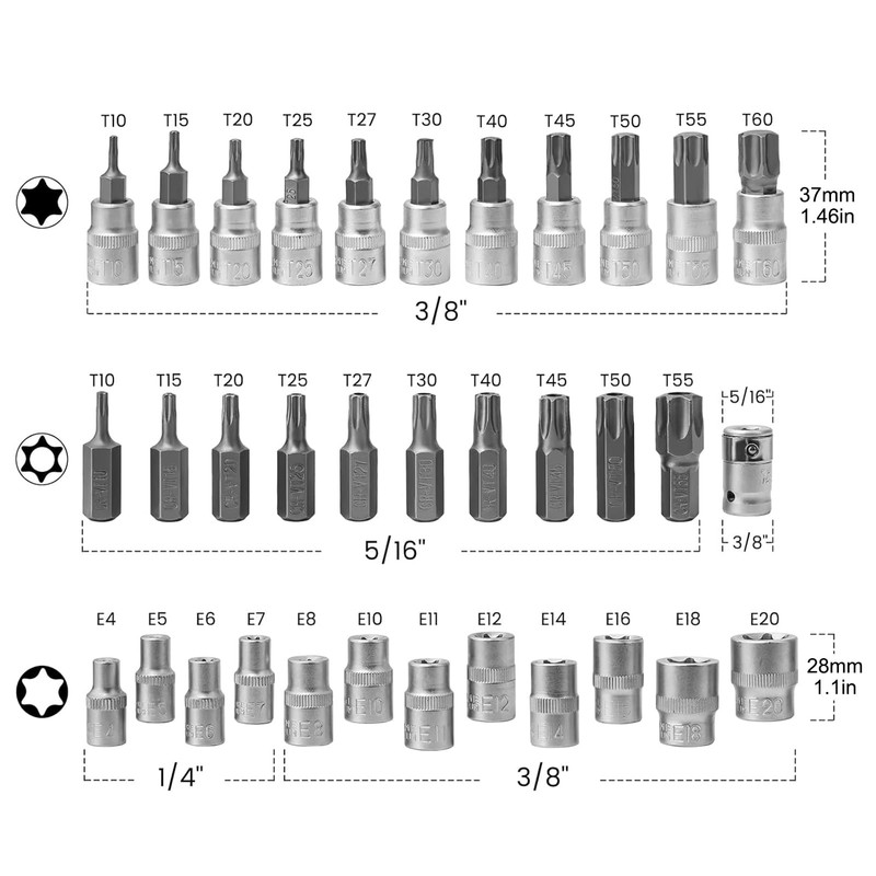 Socket and Socket Bit Set, 34Pcs Female E Torx Socket