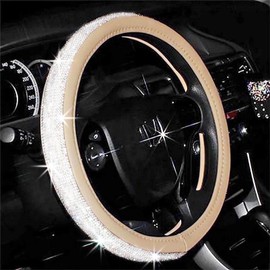 Bling Diamond Beige Leather Steering Wheel Cover Sparkly Crystal Glitter Rhinestones Car Wheel Protector for Women Girl fit Suvs,Vans,Sedans,Car,Trucks, 14.5-15in