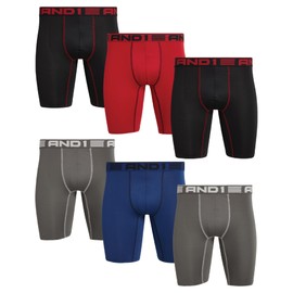 AND1 Mens Boxer Briefs - 6 Pack Platinum Performance Long Leg Boxer Briefs with Pouch - Boxers for Men, 9" Inseam (S-3XL), Size X-Large, Black/Blue/Charcoal/Red