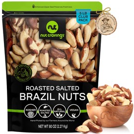 NUT CRAVINGS - Brazil Nuts Roasted & Salted - No Shell, Whole (80oz - 5 LB) Bulk Nuts Packed Fresh in Resealable Bag - Healthy Protein Food Snack, Food Assortments