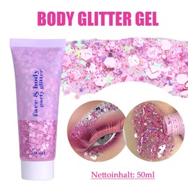 Body Glitter Gel 50 ml, Pink Chunky Mermaid Sequins Glitter Face, Festival Body Glitter, Durable & Waterproof Pink Face Glitter Make-Up for Face/Hair/Body/Nails, Party Masquerade Make Up