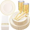 YOUBET 175PCS Ivory Scalloped Plastic Plates - Gold Disposable Dinnerware