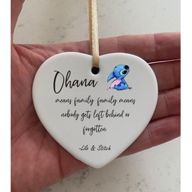 Ohana Means Family Everything Quote Ceramic Heart With Gold Ribbon Plaque Gift Sign cr70