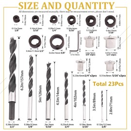 Swpeet 23Pcs 3mm -16mm ( Approx 1/8", 3/16", 1/4", 5/16", 3/8", 1/2" ) Dowel and Tenon Center Set with Brad Point Drill Bit Set, 8Pcs Center Dowel Pins and 8Pcs Drill Stop Set Perfect for Diameter Drill