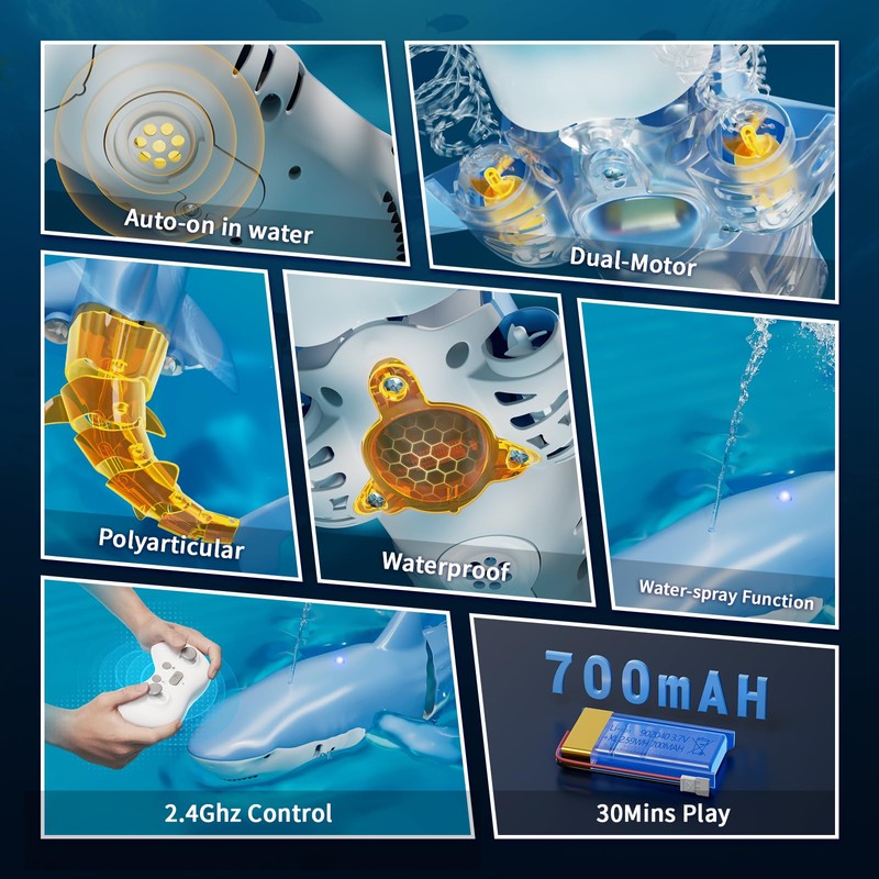 Qusases Waterproof Remote Control Electric Shark Water Toy with Spray,