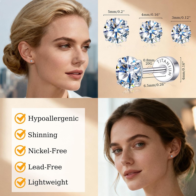 Limerencia Moissanite Stud Earrings, 3 Pairs Titanium Screw Back Earring,