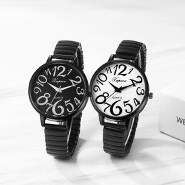 Women's Watch, Large Dial, Cute, Waterproof: Number, Analog Display, Elastic Strap, Black and White, Leather Bell, Adjustable Length, Quartz Watch, Fashion Watch - Birthday, Anniversary, Christmas,