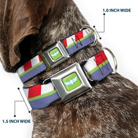 Buckle-Down Collar para Perro con Hebilla para cinturón de Seguridad Toy Story Buzz Lightyear a Rayas Rojas, Verde, Morado, 45,7 a 32 Pulgadas, 1,5 Pulgadas de Ancho