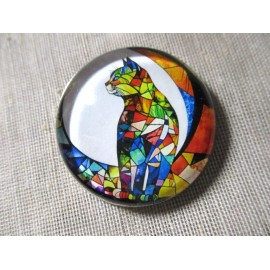 LARGE GLASS DOME PIC BUTTON OF A COLORFUL "STAINED GLASS" CAT - 30mm