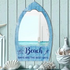 Yookeer Decorative Beach Mirror Wood Rustic Coastal Blue Framed Wall Acrylic Mirror Nautical Ocean Theme Summer Decor for Bedroom, Bathroom, Living Room 15.75 x 9.84 inches
