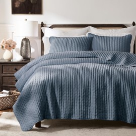 WDCOZY Blue Cross Stitch King Size Quilt Set, Striped Lightweight Soft Bedspread, Channel Farmhouse Rustic Coverlet, All Season Country Bedding, Thin Comforter