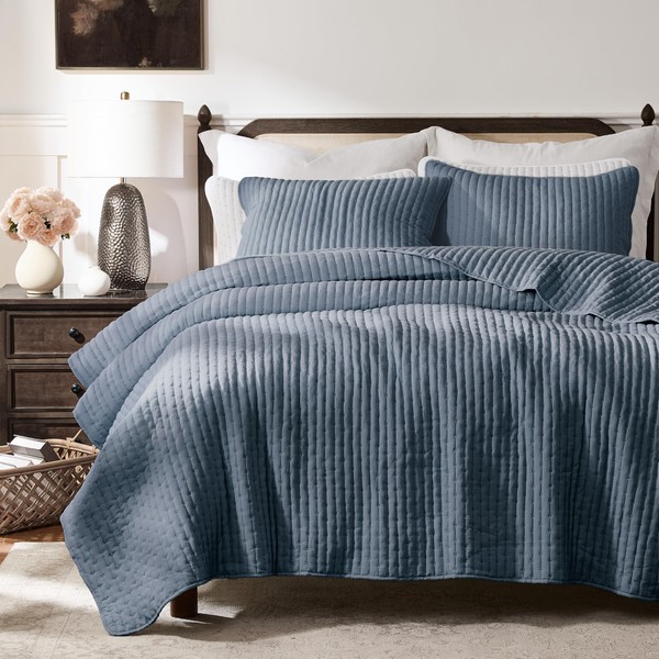 WDCOZY Blue Cross Stitch King Size Quilt Set, Striped Lightweight