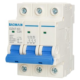 Baomain 3 Pole Miniature Circuit Breaker, DZ47-63 25A 400V 4 kA AC Circuit Breaker, 3P DIN Rail Mount MCB C25 (C25, 25Amp)