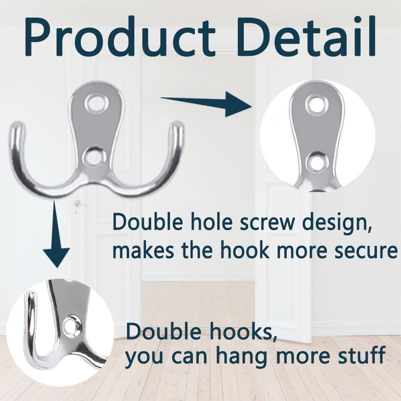 HZYUEKUN 6 Pcs Double Prong Robe Hooks Double Hook Cloth