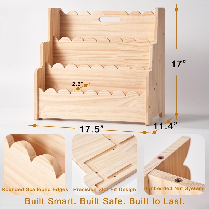 Kids Bookshelf Storage 3-Tier Scalloped Wooden Book Case for Kids