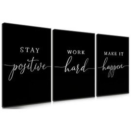 Motivational Office Wall Art Canvas Prints Set of 3 – Stay Positive Work Hard Make It Happen, Modern Positive Quotes Wall Decor for Home Office Living Room Bedroom Decor 12x16 inch Framed