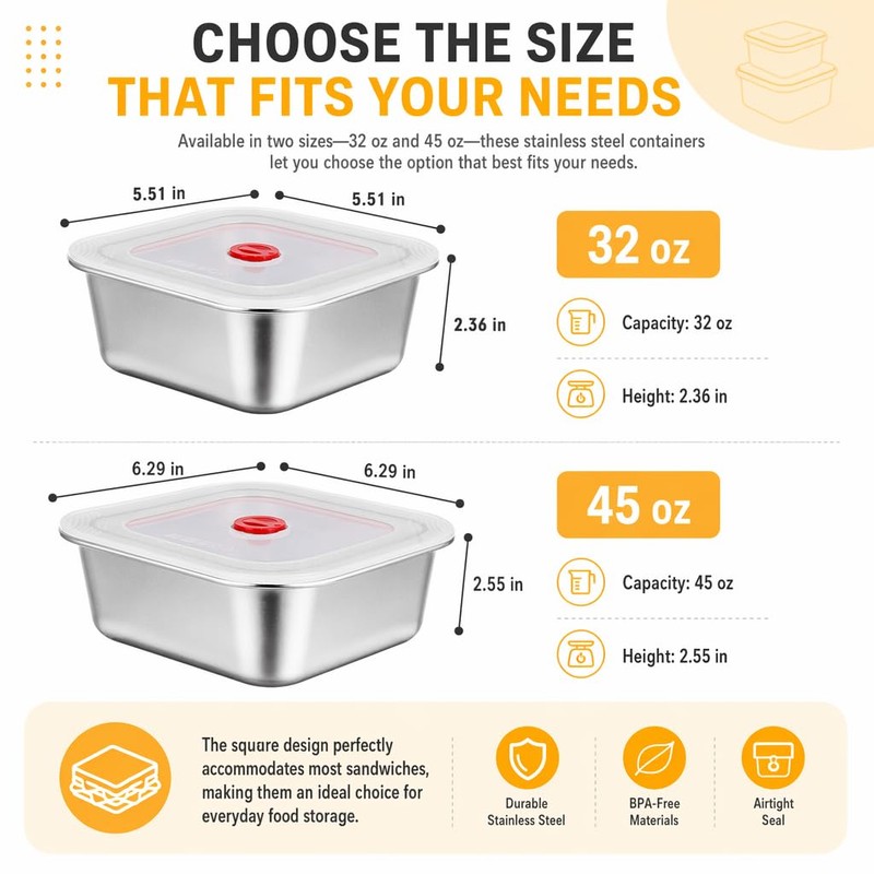 monoan 4 Pack Stainless Steel Sandwich Containers with Airtight Lids,