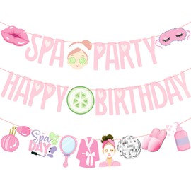 Spa Birthday Banners 3PCS Spa Birthday Party Decorations Pre-strung Makeup Party Banners Sleepover Theme Decor for Girls Slumber Pajama Party Supplies