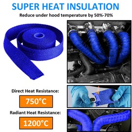 LKRXW Blue Exhaust Heat Wrap 1" x 16 Feet Motorcycle Exhaust Header Pipe Wrap Fiberglass Heat Shield Tape Car Manifold Insulation Thermal Protection with 6pcs Stainless Ties