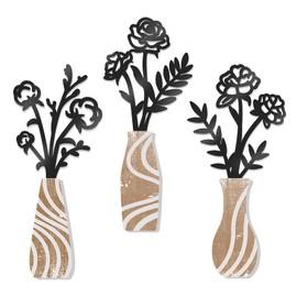 Zzbakress 3 Pcs Modern Metal Flowers Wall Art Farmhouse Wall Decor for Kitchen Vintage Wooden Vases and Black Metal Flowers Wall Decor for Living Room, Bedroom,Bathroom (Modern, Large, Floral)