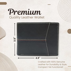 RIVET & BURR Genuine Leather Men’s Bifold Wallet for Men – RFID Blocking, Multi-Color Contrast Stitch – Gift Box, Keychain & Vanity Tray (Black)