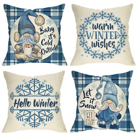 Ussap Hello Winter Warm Wishes Gnome Decorative Throw Pillow Cover Set of 4, Snowflake Hot Cocoa Baby It's Cold Outside Cushion Case Decor, Buffalo Plaid Christmas Decoration for Sofa Couch 20 x 20